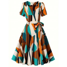 Geo Print Belted Dress, Casual Square Neck Short Sleeve Dress For Spring & Summer, Women's Clothing