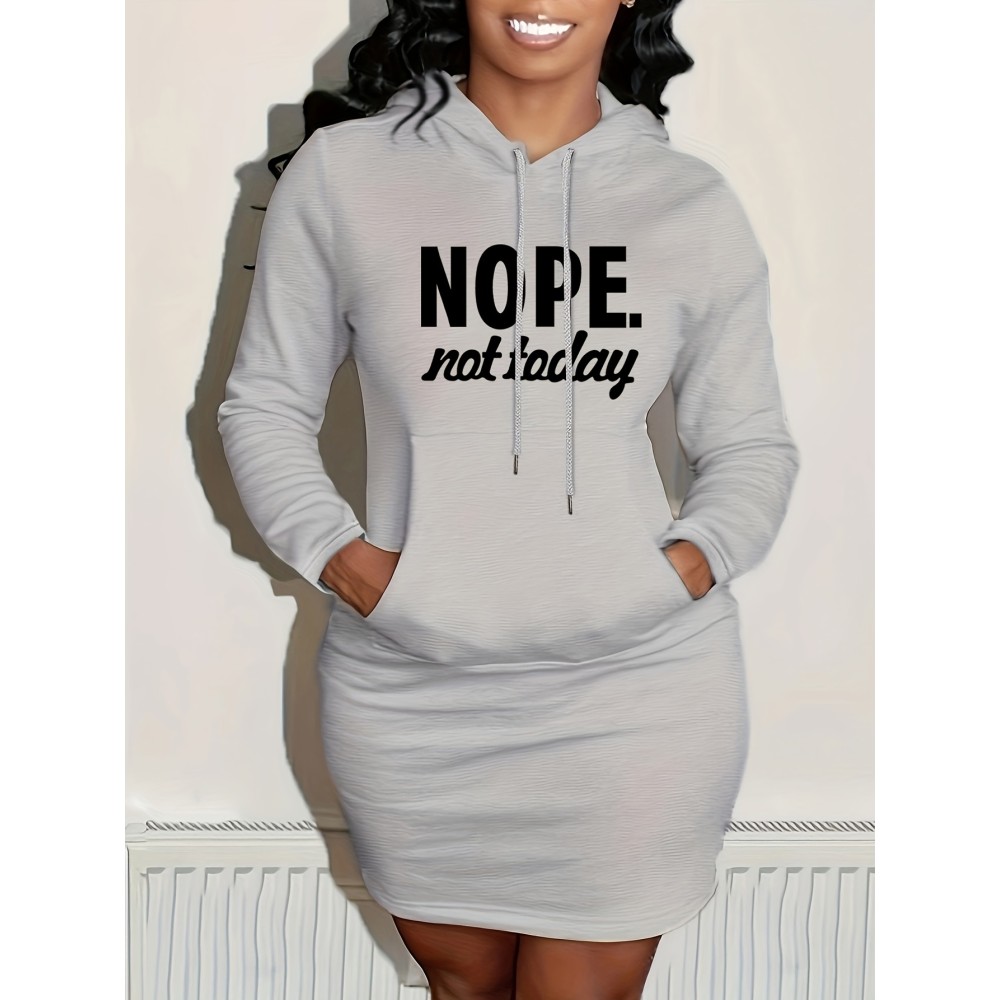 Nope Not Today Print Hooded Dress, Casual Drawstring Long Sleeve Dress, Women's Clothing