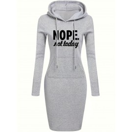 Nope Not Today Print Hooded Dress, Casual Drawstring Long Sleeve Dress, Women's Clothing