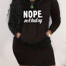 Nope Not Today Print Hooded Dress, Casual Drawstring Long Sleeve Dress, Women's Clothing