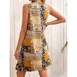 Patchwork Print Crew Neck Dress, Vacation Style Sleeveless Dress For Spring & Summer, Women's Clothing