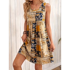 Patchwork Print Crew Neck Dress, Vacation Style Sleeveless Dress For Spring & Summer, Women's Clothing