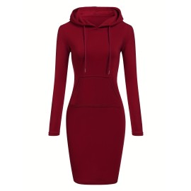 Kangaroo Pocket Drawstring Hooded Dress, Casual Solid Long Sleeve Dress, Women's Clothing