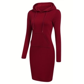 Kangaroo Pocket Drawstring Hooded Dress, Casual Solid Long Sleeve Dress, Women's Clothing