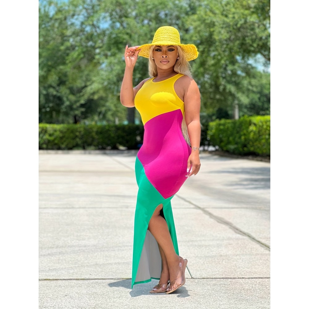 Color Block Bodycon Split Dress, Casual Sleeveless Dress For Spring & Summer, Women's Clothing