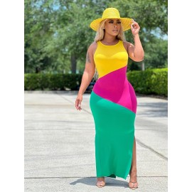 Color Block Bodycon Split Dress, Casual Sleeveless Dress For Spring & Summer, Women's Clothing