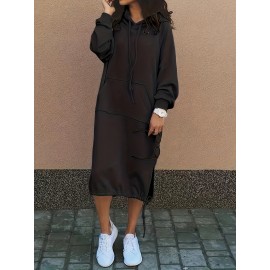 Drawstring Split Hooded Dress, Casual Solid Long Sleeve Midi Dress, Women's Clothing