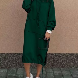 Drawstring Split Hooded Dress, Casual Solid Long Sleeve Midi Dress, Women's Clothing