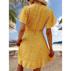 Floral Print Ruffle Hem Wrap Dress, Sexy Short Sleeve V-neck Dress For Spring & Summer, Women's Clothing