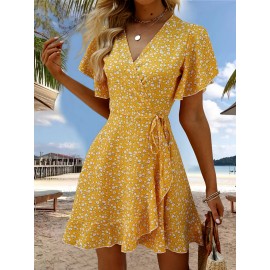 Floral Print Ruffle Hem Wrap Dress, Sexy Short Sleeve V-neck Dress For Spring & Summer, Women's Clothing