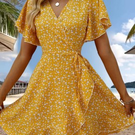 Floral Print Ruffle Hem Wrap Dress, Sexy Short Sleeve V-neck Dress For Spring & Summer, Women's Clothing