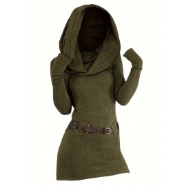 Solid Hooded Dress, Y2K Solid Long Sleeve Dress For Spring & Fall, Women's Clothing