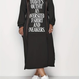 Letter Print Hooded Dress, Casual Drawstring Long Sleeve Dress, Women's Clothing