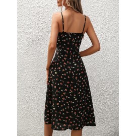 Floral Print Spaghetti Dress, Elegant Split Backless Cami Dress, Women's Clothing