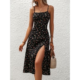 Floral Print Spaghetti Dress, Elegant Split Backless Cami Dress, Women's Clothing