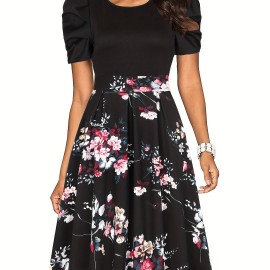 Floral Splicing Dress, Vintage Crew Neck Pleated Short Sleeve Party Dress, Women's Clothing