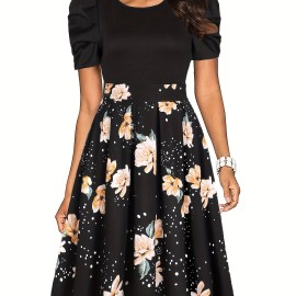 Floral Splicing Dress, Vintage Crew Neck Pleated Short Sleeve Party Dress, Women's Clothing