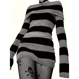 Striped Print Foldover Dress, Casual Long Sleeve Bodycon Dress, Women's Clothing