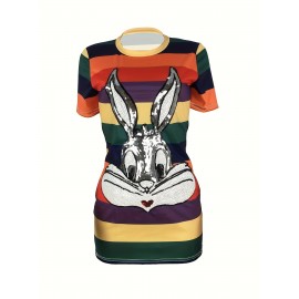 Sequined Bunny Color Block Dress, Cute Bodycon Crew Neck Short Sleeve Dress, Women's Clothing