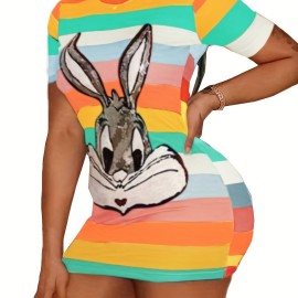 Sequined Bunny Color Block Dress, Cute Bodycon Crew Neck Short Sleeve Dress, Women's Clothing