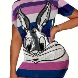 Sequined Bunny Color Block Dress, Cute Bodycon Crew Neck Short Sleeve Dress, Women's Clothing