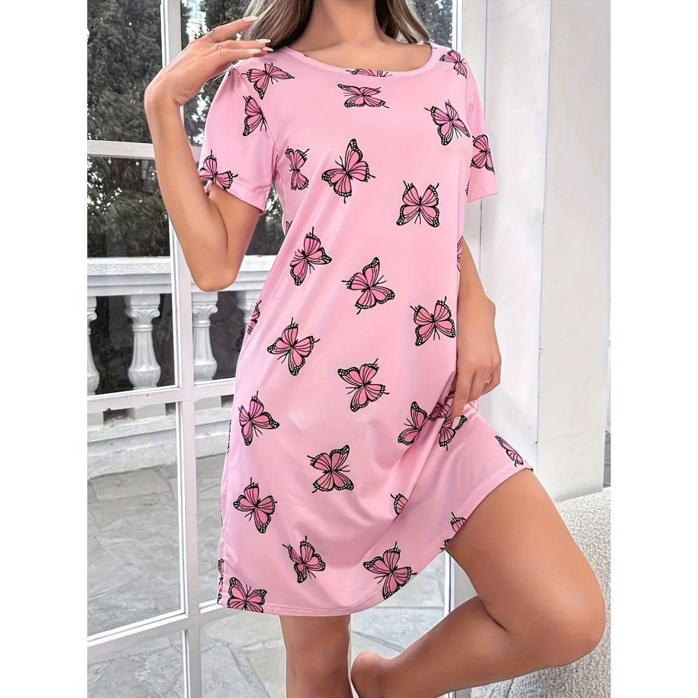 Butterfly Print Crew Neck Dress, Casual Short Sleeve Dress For Spring & Summer, Women's Clothing