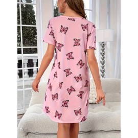 Butterfly Print Crew Neck Dress, Casual Short Sleeve Dress For Spring & Summer, Women's Clothing