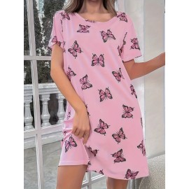 Butterfly Print Crew Neck Dress, Casual Short Sleeve Dress For Spring & Summer, Women's Clothing