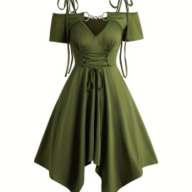 Cold Shoulder Lace Up Asymmetric Dress,  Tie Knot Shoulder Chain Detail Solid Color Short Sleeve Dress, Women's Clothing