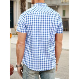 Men's Casual Button-up Shirt Short Sleeve Cotton Plaid Shirt Casual Small Plaid Shirt Regular Fit