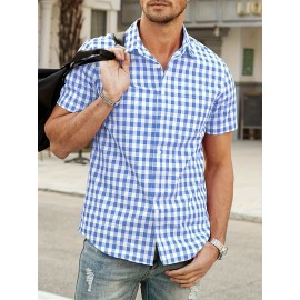 Men's Casual Button-up Shirt Short Sleeve Cotton Plaid Shirt Casual Small Plaid Shirt Regular Fit