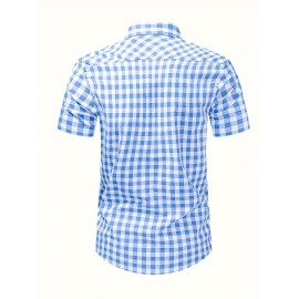 Men's Casual Button-up Shirt Short Sleeve Cotton Plaid Shirt Casual Small Plaid Shirt Regular Fit