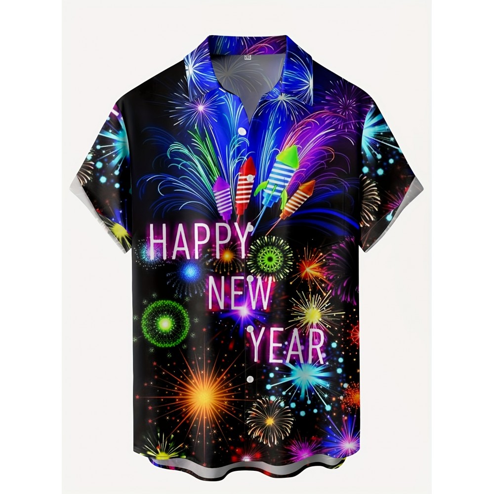 Firework & Letter Pattern Men's Trendy Short Sleeve Lapel Shirt, Summer Holiday, New Year Gift