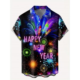 Firework & Letter Pattern Men's Trendy Short Sleeve Lapel Shirt, Summer Holiday, New Year Gift