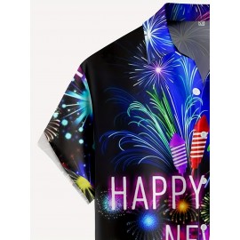 Firework & Letter Pattern Men's Trendy Short Sleeve Lapel Shirt, Summer Holiday, New Year Gift