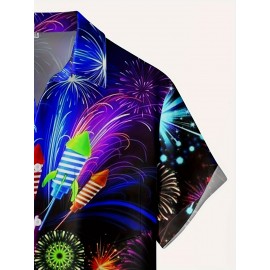 Firework & Letter Pattern Men's Trendy Short Sleeve Lapel Shirt, Summer Holiday, New Year Gift