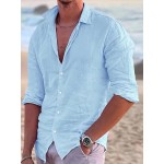 Casual Solid Men's Cotton Comfy Long Sleeve Button Up Shirt, Spring Fall, Beach Holiday Top