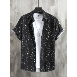 Constellation Style Pattern Men's Casual Short Sleeve Button Up Shirt, Summer Holiday