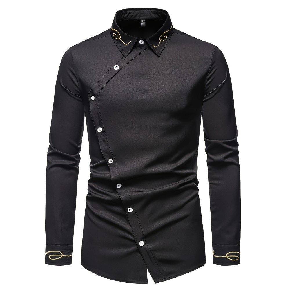 Embroidery Design Men's Stylish Asymmetrical Slim Long Sleeve Single Breast Shirt With Button, Banquet Wedding