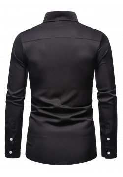 Embroidery Design Men's Stylish Asymmetrical Slim Long Sleeve Single Breast Shirt With Button, Banquet Wedding