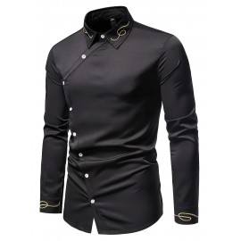 Embroidery Design Men's Stylish Asymmetrical Slim Long Sleeve Single Breast Shirt With Button, Banquet Wedding