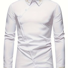 Embroidery Design Men's Stylish Asymmetrical Slim Long Sleeve Single Breast Shirt With Button, Banquet Wedding