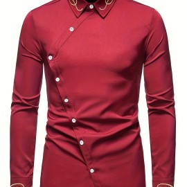 Embroidery Design Men's Stylish Asymmetrical Slim Long Sleeve Single Breast Shirt With Button, Banquet Wedding