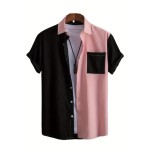 Color Block Men's Trendy Short Sleeve Lapel Shirt, Men's Hawaiian Button Up Shirt For Summer Outdoor