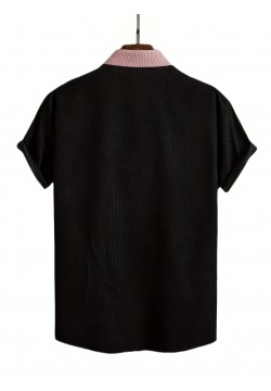 Color Block Men's Trendy Short Sleeve Lapel Shirt, Men's Hawaiian Button Up Shirt For Summer Outdoor