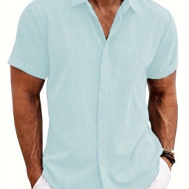 Solid Men's Short Sleeve Button Down Shirt, Summer Men's Clothing, Leisurewear