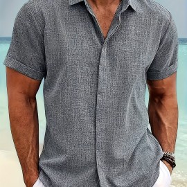 Solid Men's Short Sleeve Button Down Shirt, Summer Men's Clothing, Leisurewear