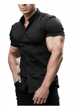 Solid Slim Fit Men's Cotton Blend Short Sleeve Button Down Shirt, Summer Outdoor Fitness Workout