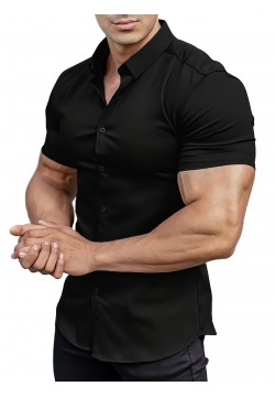 Solid Slim Fit Men's Cotton Blend Short Sleeve Button Down Shirt, Summer Outdoor Fitness Workout