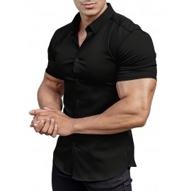 Solid Slim Fit Men's Cotton Blend Short Sleeve Button Down Shirt, Summer Outdoor Fitness Workout